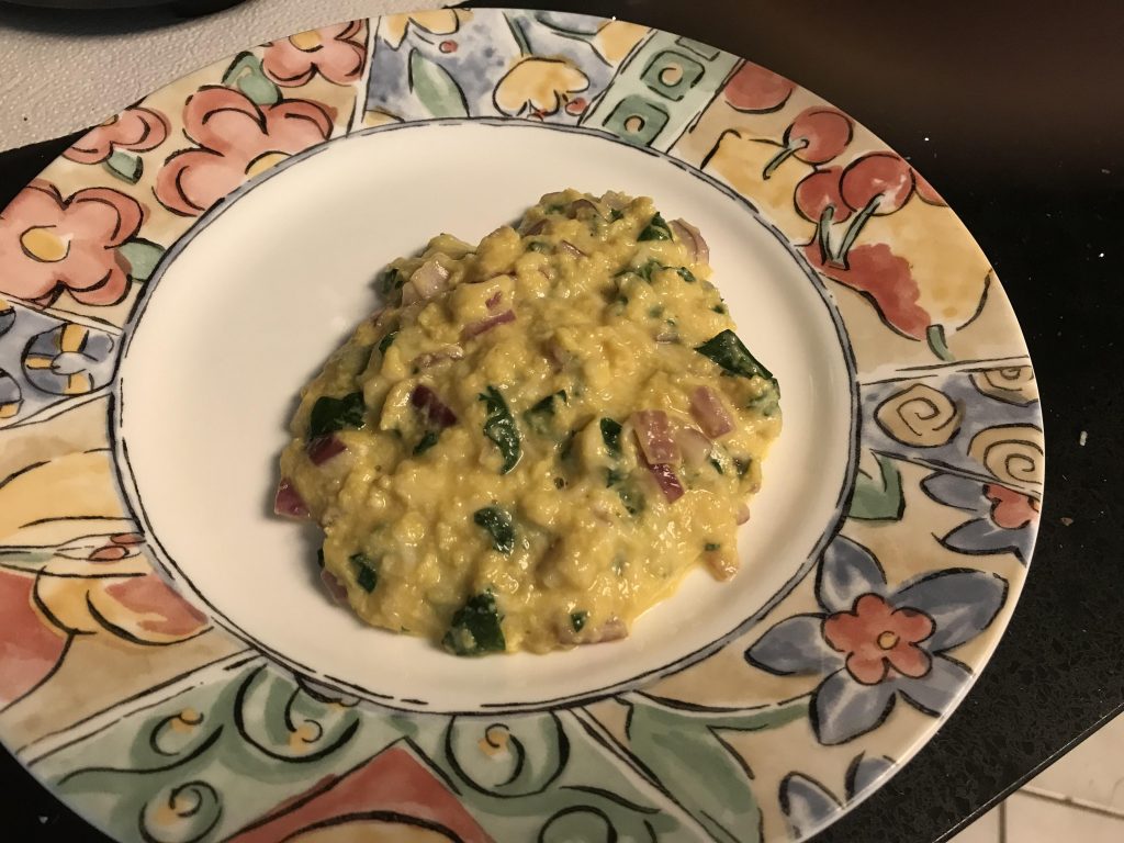 Scrambled eggs with miso, onions, and spinach