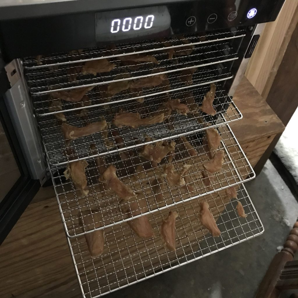 Dehydrated chicken jerky, preserved and ready to eat
